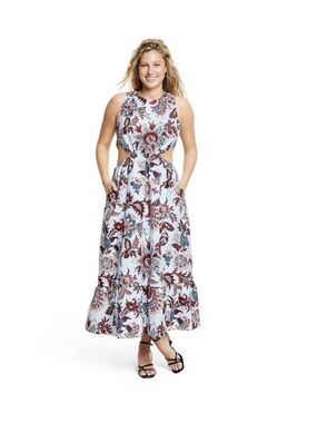 RHODE (Target) Light Blue Floral Cutout Maxi Dress with Burgundy Accents